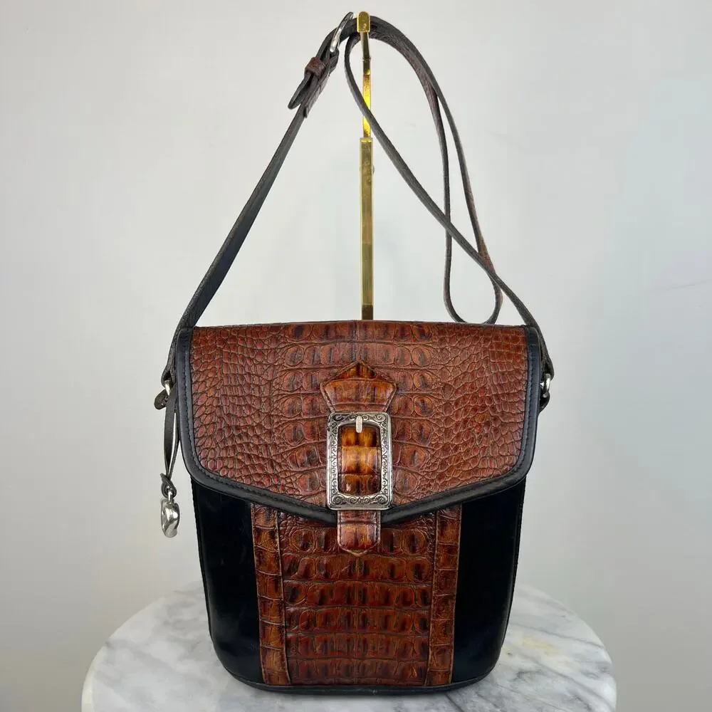 Vintage Brighton Black Leather Croc Embossed Buckle Crossbody Purse Bucket Bag